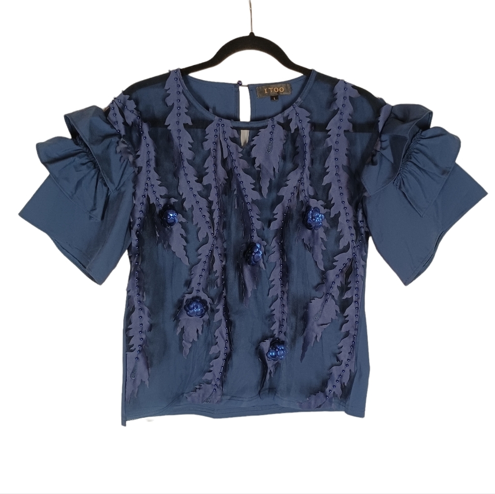 I TOO Navy Blue Beaded Leaf Print Mesh Front Ruffle Puff Short Sleeve Top Large